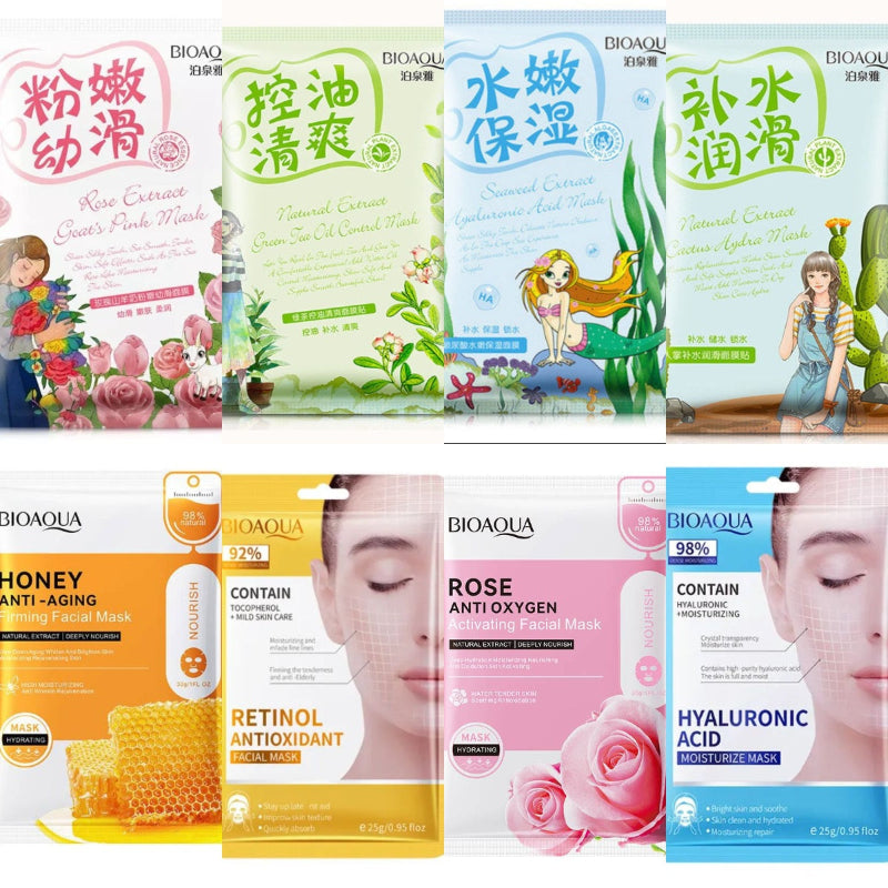 Collection of BIOAQUA facial masks with various ingredients and benefits displayed.