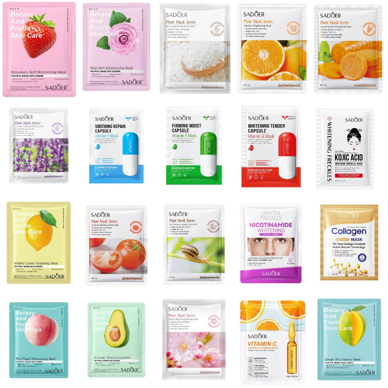Collection of various skincare masks with different ingredients and colors on a white background
