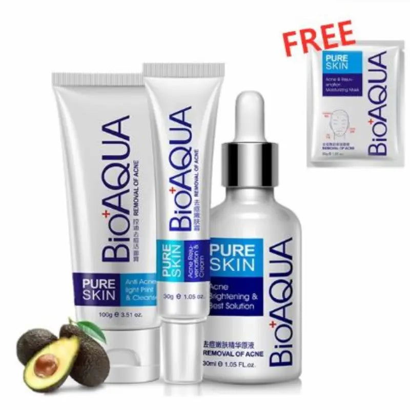 BioAqua skincare products including a tube, dropper bottle, and packets on a white background.