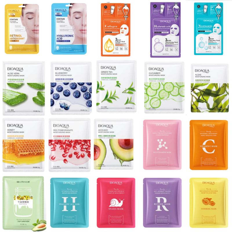Collection of various Bioaqua face masks with different ingredients and colors.