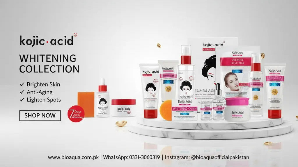 Kojic Acid whitening collection with various skincare products on a white background