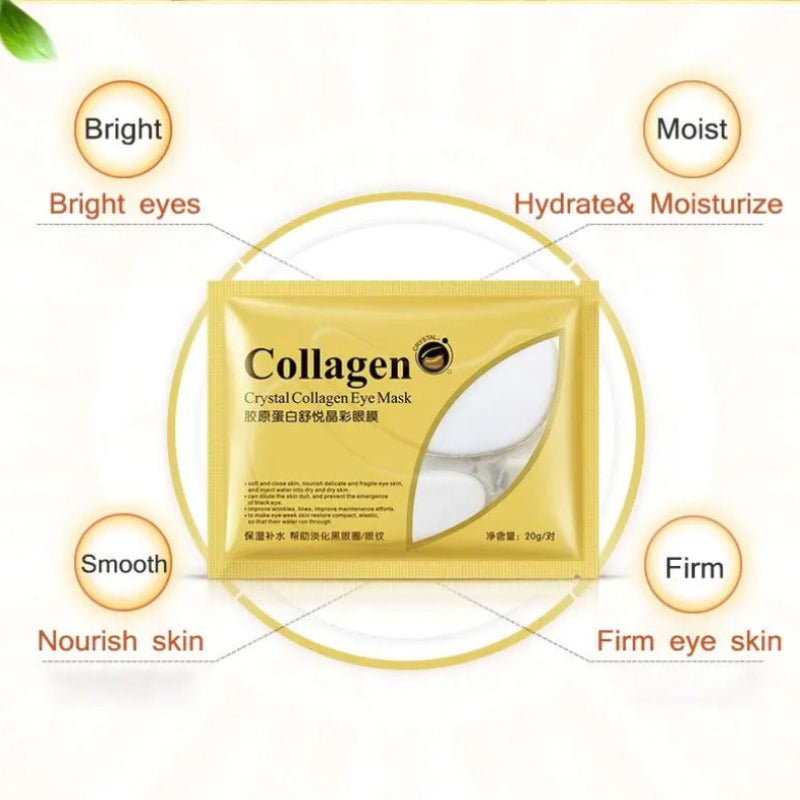 Collagen eye mask packaging with benefits highlighted on a white background