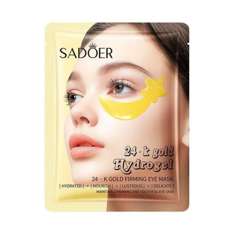 SADOER 24k gold hydrogel eye mask packaging with a model wearing the mask.