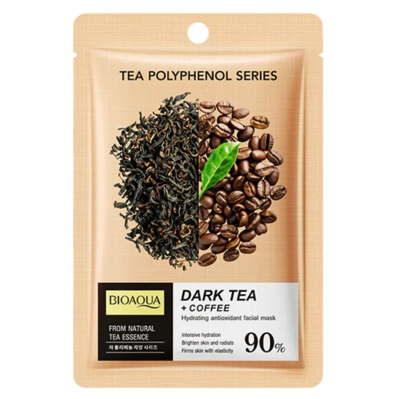 Bioaqua dark tea and coffee facial mask packaging on a beige background