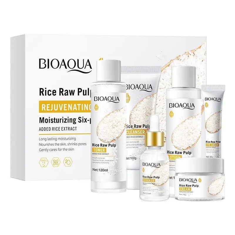 Bioaqua Rice Raw Pulp skincare product set on a white background