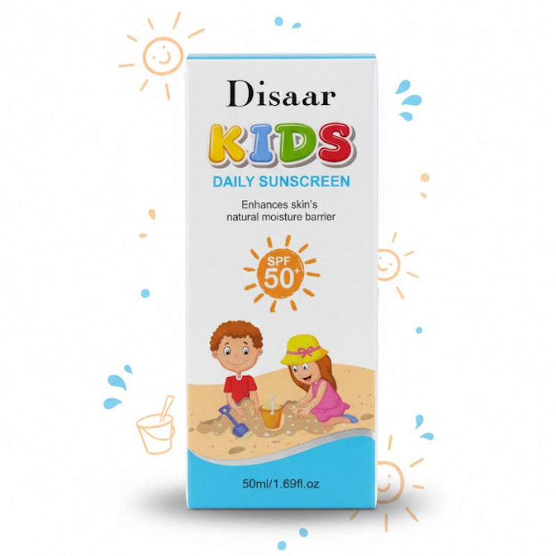 Disaar Kids Daily Sunscreen packaging with cartoon children playing in the sand and sun icons.
