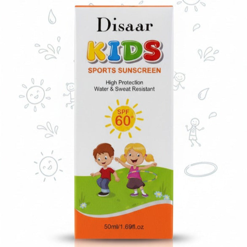 Disaar Kids Sports Sunscreen packaging on a white background with cartoon children.