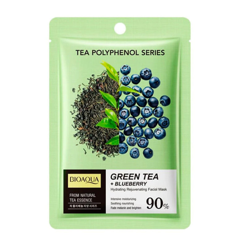 Green tea and blueberry facial mask packaging with Bioaqua branding on a white background
