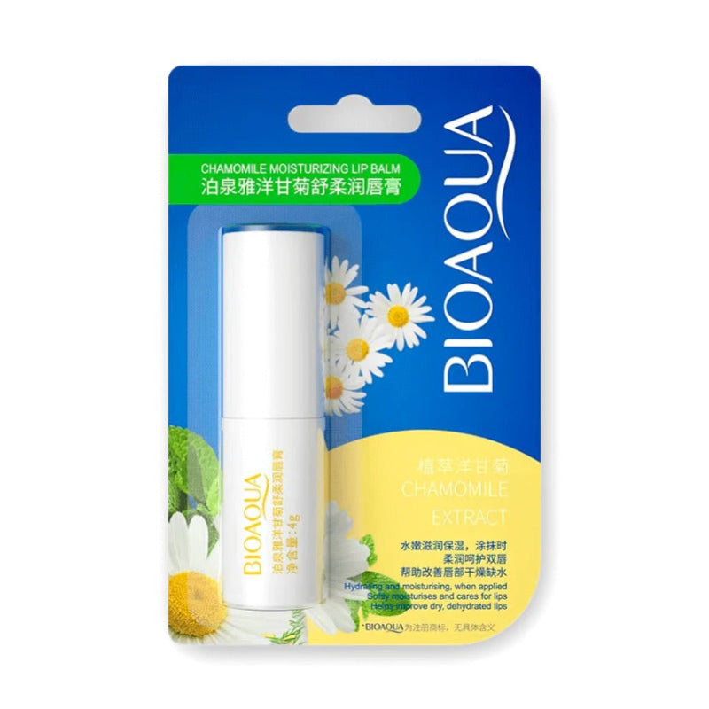 Bioaqua chamomile moisturizing lip balm packaging on a white background