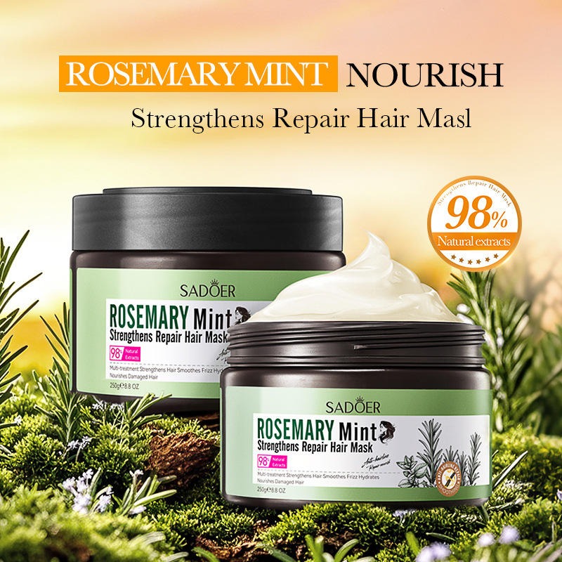 Rosemary Mint Strengthening Repair Hair Mask with natural ingredients on a green background