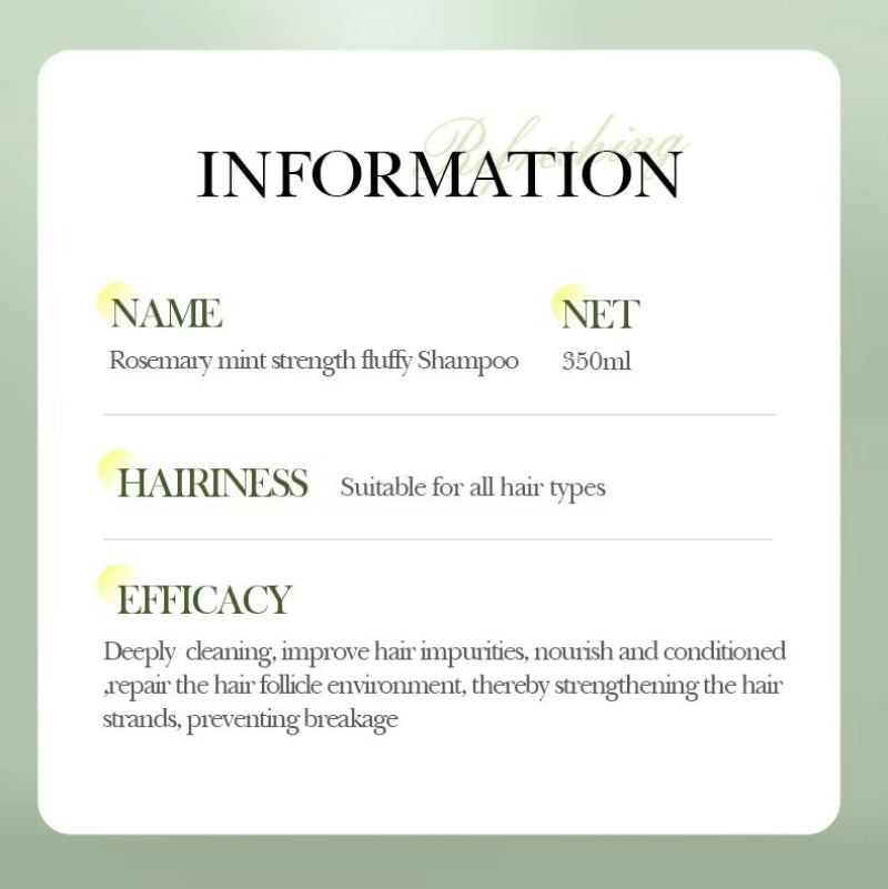 Product label for Rosemary mint strength fluffy shampoo with text details on a light green background.
