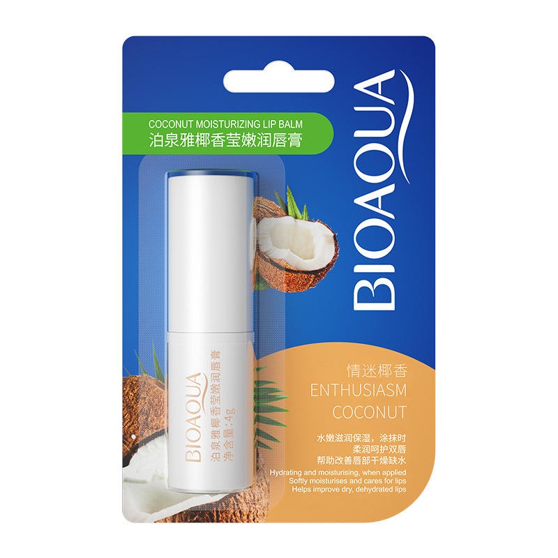 Bioaqua coconut moisturizing lip balm packaging on a white background
