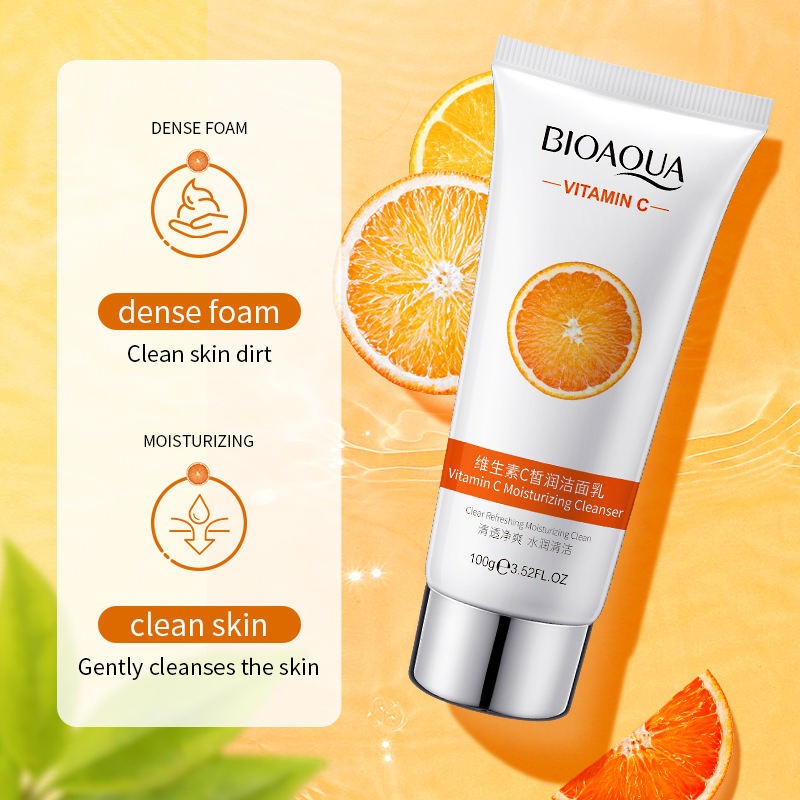 Bioaqua Vitamin C skincare product with orange slices on a yellow background
