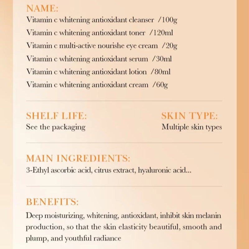 Product information sheet for Vitamin C skincare products with details on names, shelf life, skin type, ingredients, and benefits.