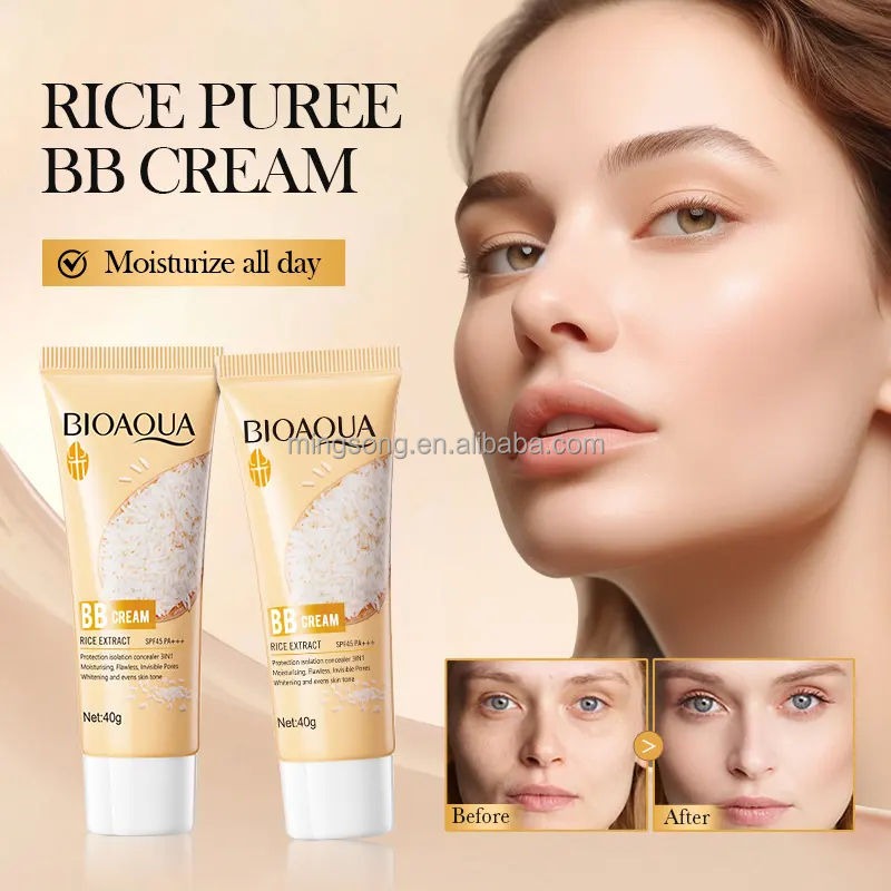Bioaqua Rice Puree BB Cream with a woman's face and before-after comparison on a beige background