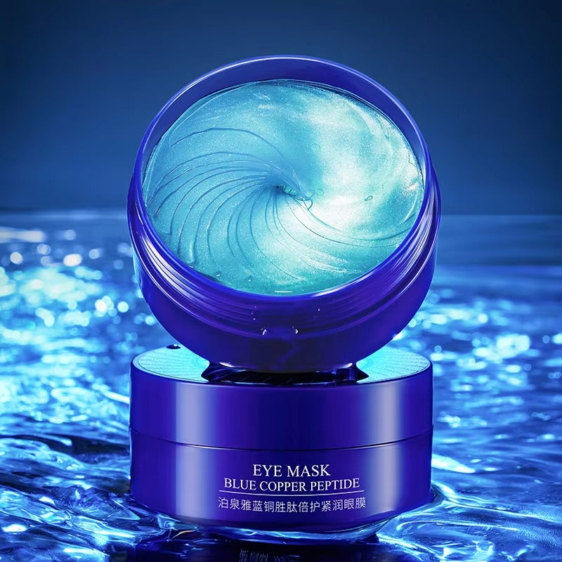 Bioaqua Blue eye mask container with blue copper peptide text on a water background