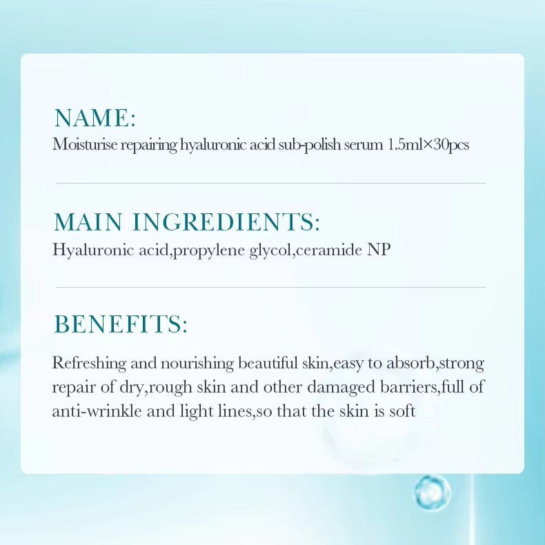 Product packaging and ingredients of a skincare serum with a blue background