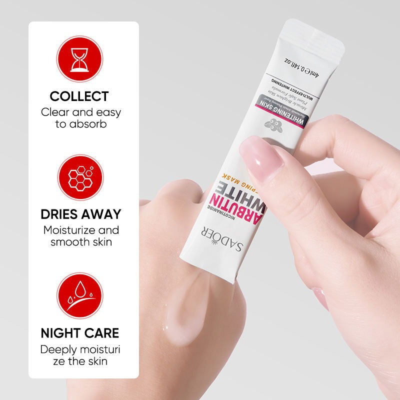 Hand applying a skincare product with a labeled box on a gray background