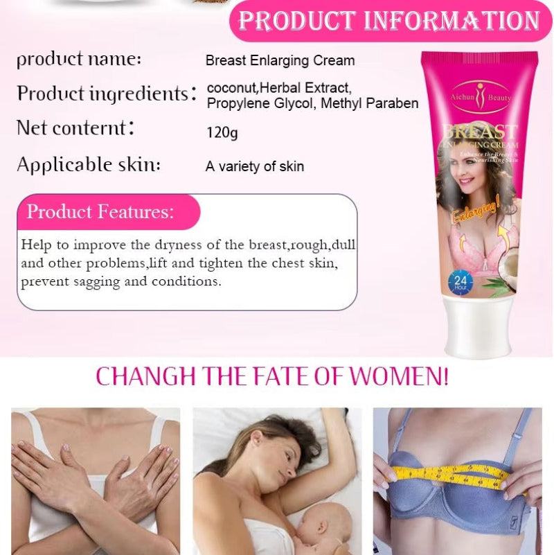 Product information for breast enlarging cream with images of women and text highlighting benefits.