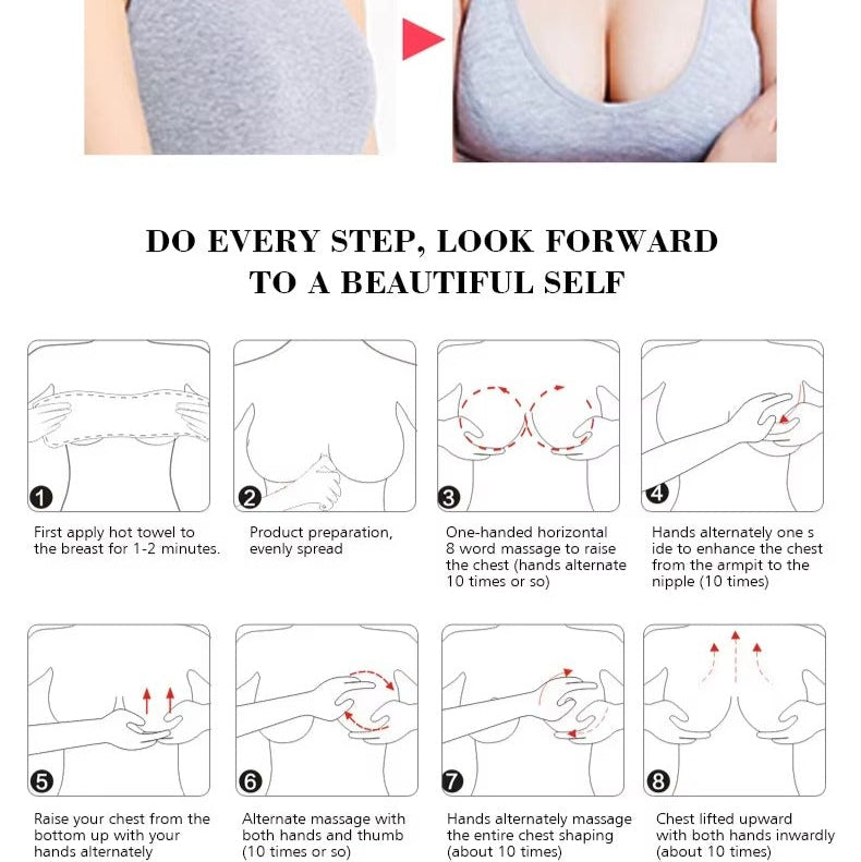 Step-by-step guide for chest massage with text 'Do every step, look forward to a beautiful self'.