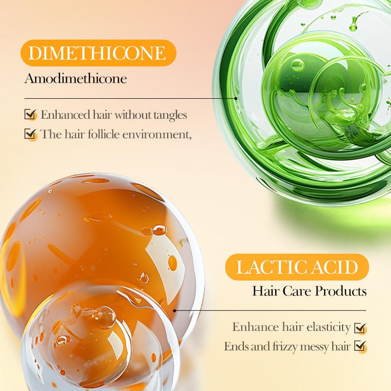 Hair care product with dimethicone and lactic acid, featuring green and orange elements.