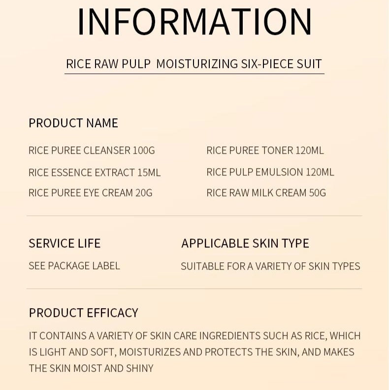 Product information sheet for a rice raw pulp moisturizing six-piece suit on a beige background.