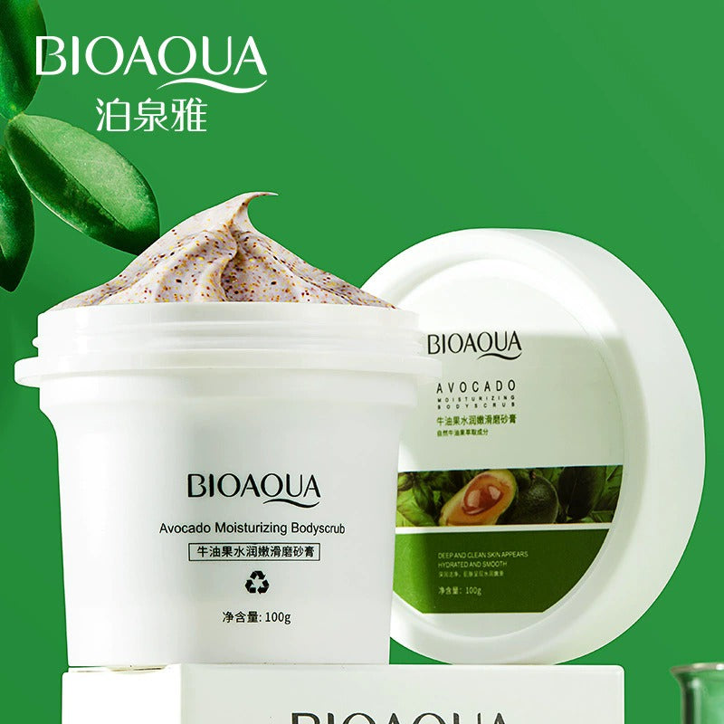 BIOAQUA avocado moisturizing body scrub with green leaf background