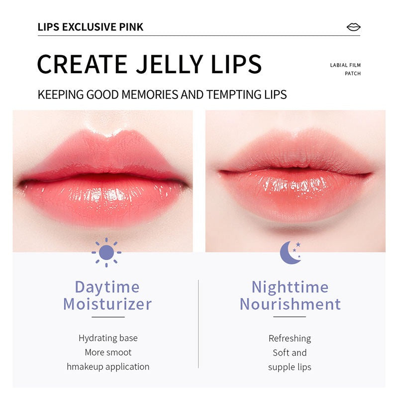 Lip care product advertisement with 'Create Jelly Lips' text and daytime and nighttime benefits.