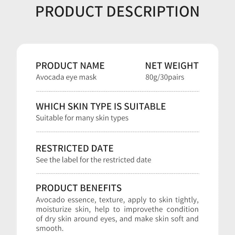 Product description card for an avocado eye mask with details on name, weight, skin type suitability, and benefits.