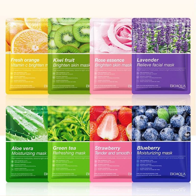 Collection of various facial masks with colorful packaging and natural imagery on a white background.