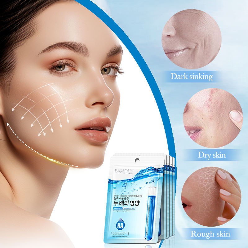 Product packaging with a woman's face and skin issues illustration on a light blue background