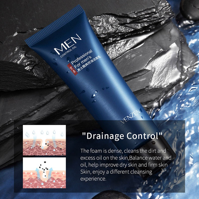 Blue tube of Men's control oil with text and illustrations on a dark background