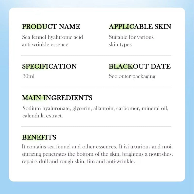 Product information card for sea fennel hyaluronic acid anti-wrinkle essence on a light blue background.