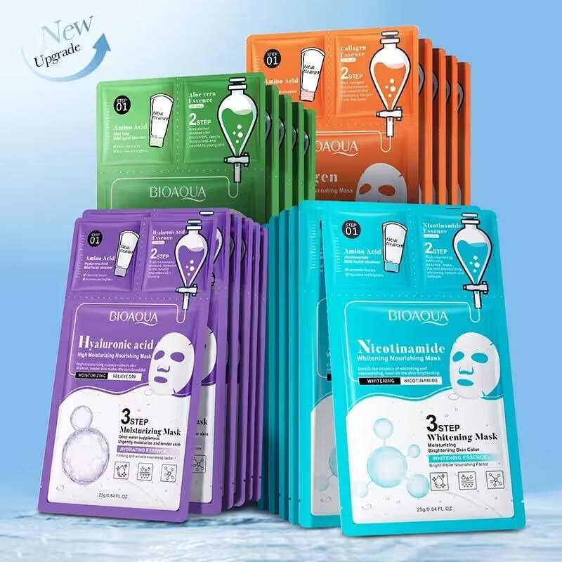 Assorted BIOAQUA facial mask packages on a light blue background