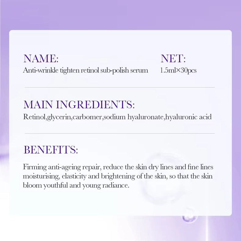 Product label for anti-wrinkle serum with ingredients and benefits on a purple background
