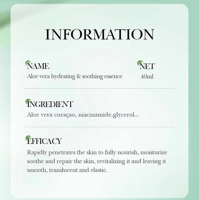 Product information card for Aloe vera hydrating & soothing essence on a light green background