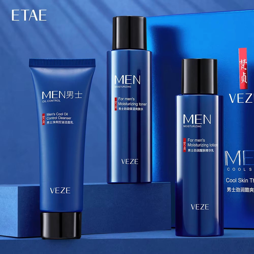 VEZE men's skincare products on a blue background