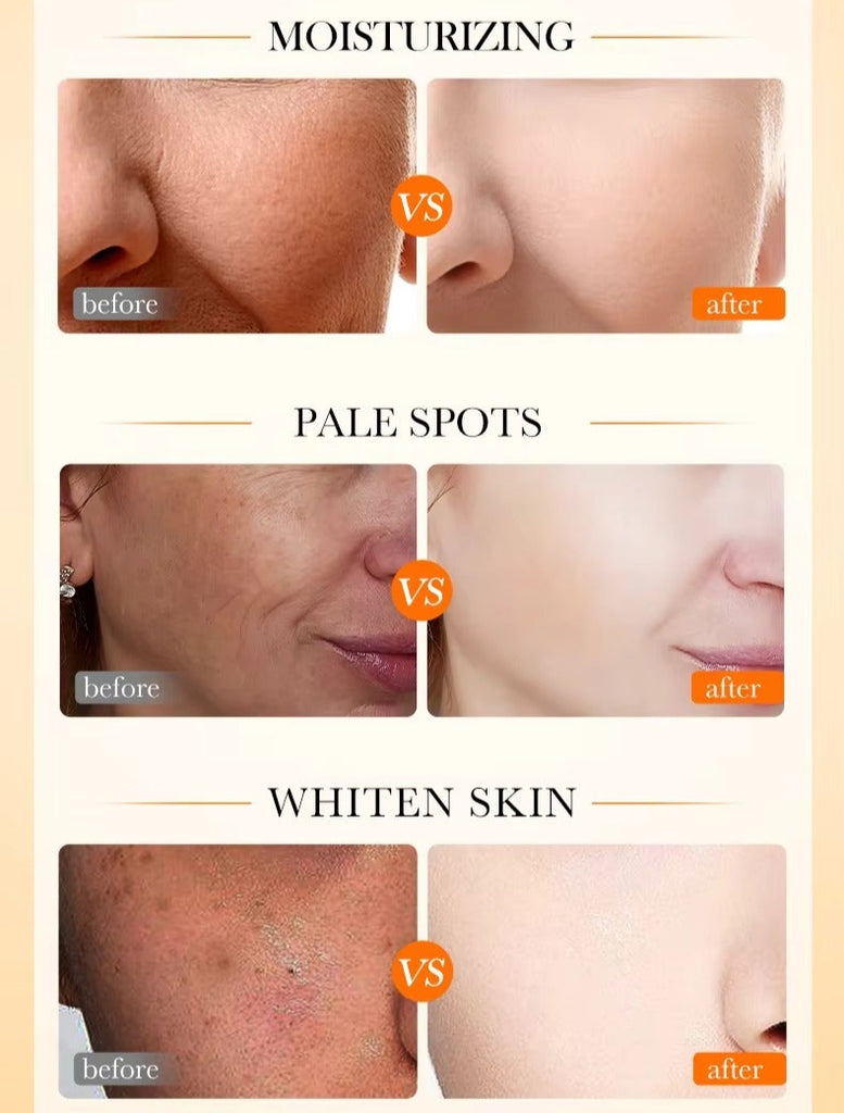 Cosmetic product with text and skin comparison graphics on a beige background