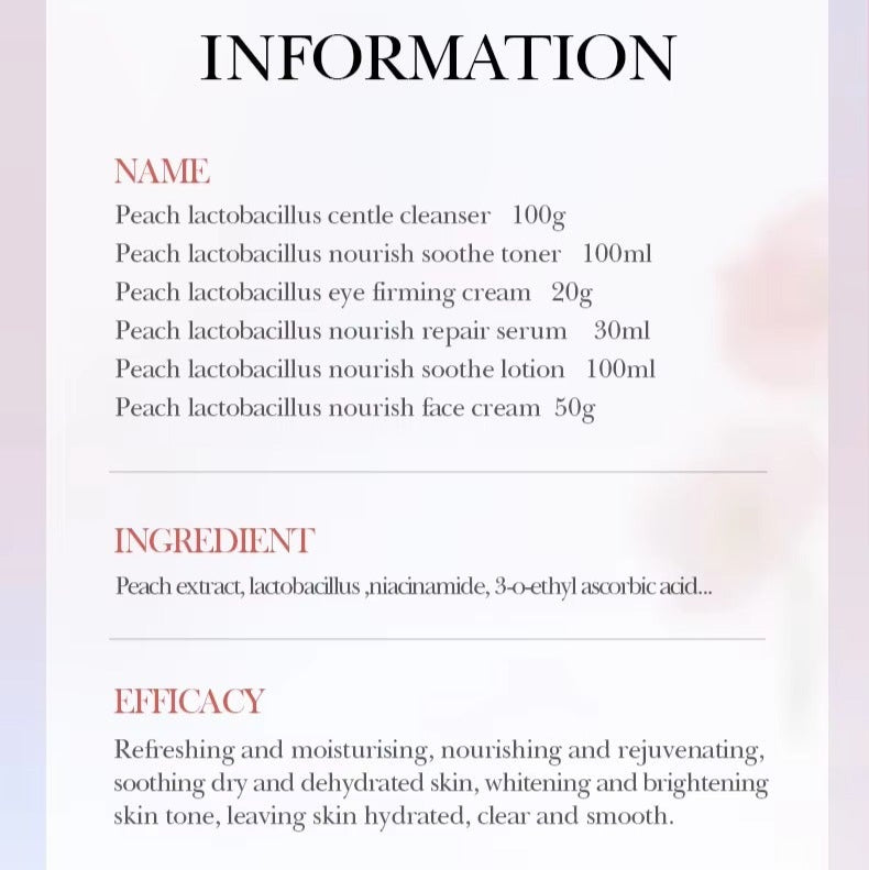 Product information sheet for peach lactobacillus skincare line with names, sizes, ingredients, and efficacy.
