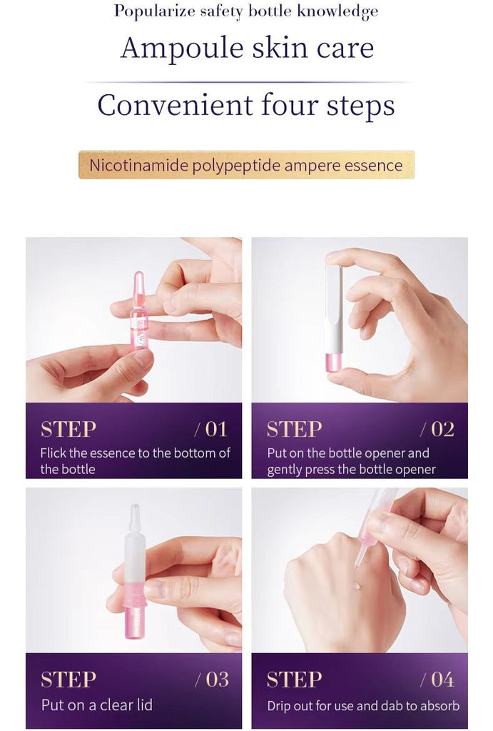 Ampoule skin care product with step-by-step instructions and before-and-after effects on skin.