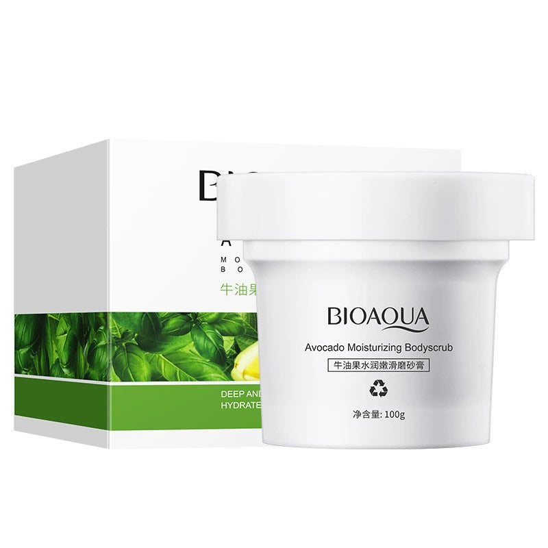 Bioaqua avocado moisturizing bodyscrub with packaging on a white background