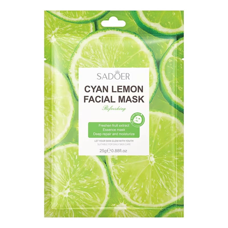 Sadoer Cyan Lemon Facial Mask packaging with lime slices on a green background
