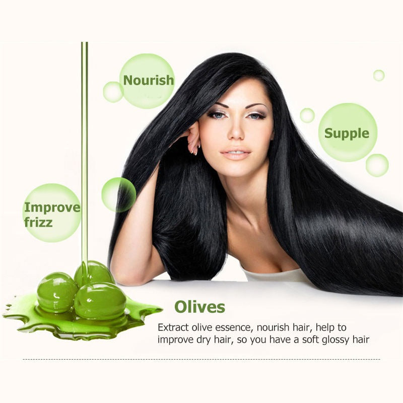 Woman with long, black hair with olive oil graphics and text on a white background