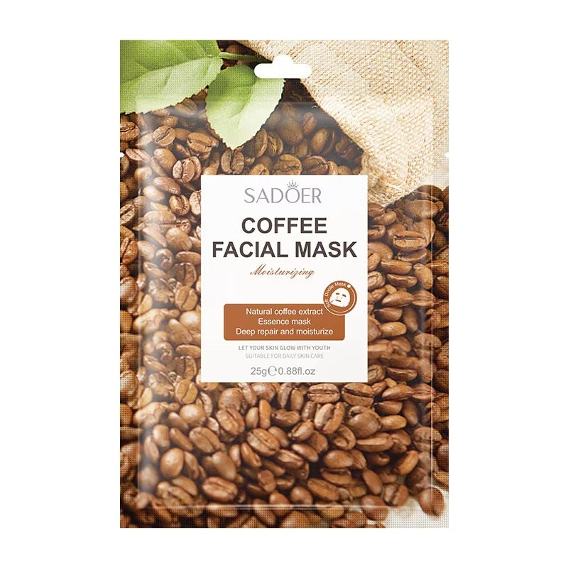 Coffee facial mask packaging with coffee beans and a leaf on a white background