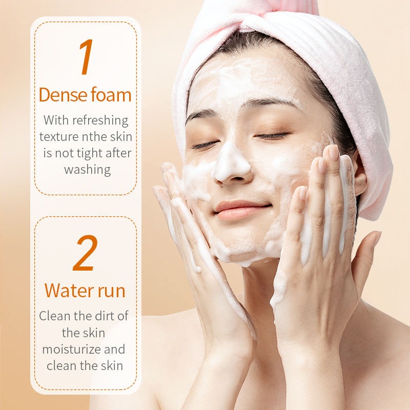 Woman applying facial foam with text on a beige background