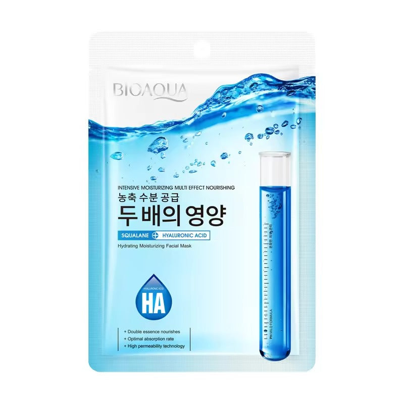 Bioaqua facial mask packaging with blue water design and text on a white background