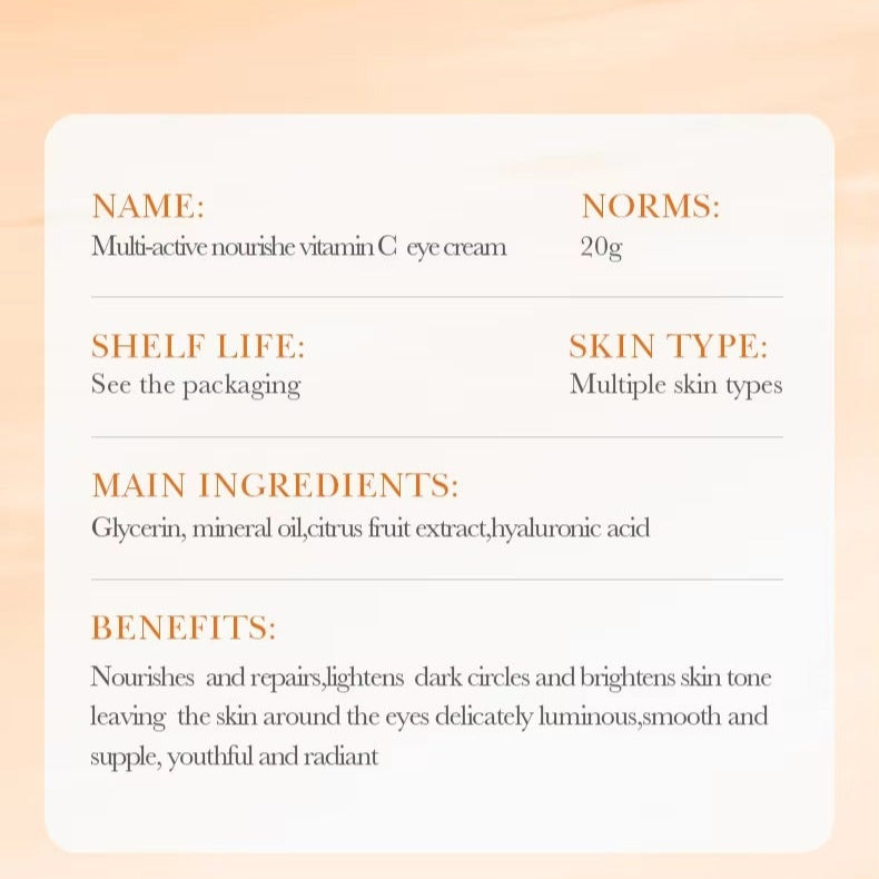 Product label for multi-active nourish eye cream with details on name, norms, shelf life, skin type, ingredients, and benefits.
