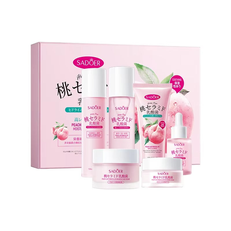 Sadoer skincare product set with pink packaging on a white background