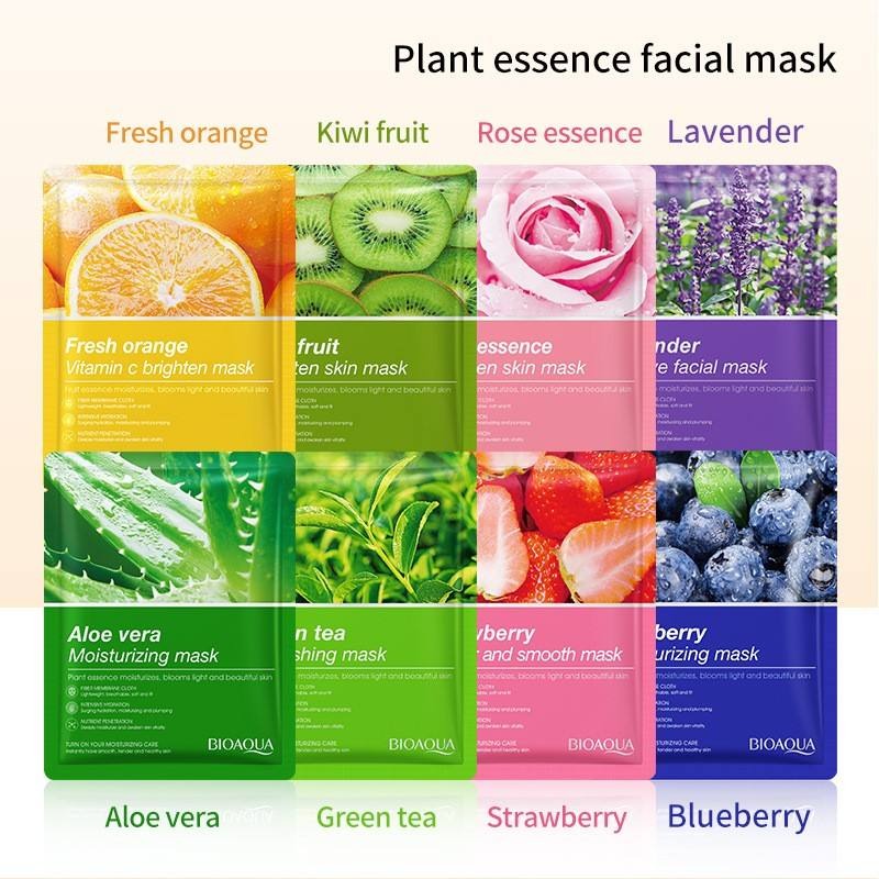 Collection of plant essence facial masks with images and names of ingredients on a white background.
