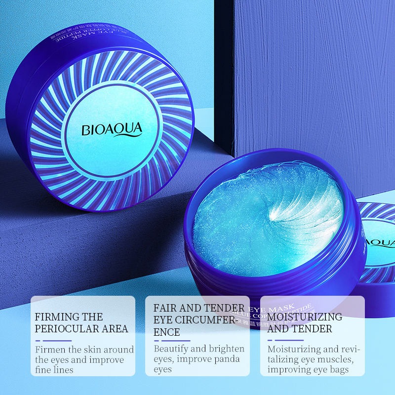 BIOAQUA eye cream jar with blue gel content on a blue background